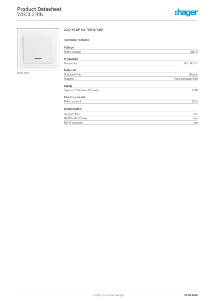 Image Hager Product data sheet WGCL2D1N  | Hager Africa