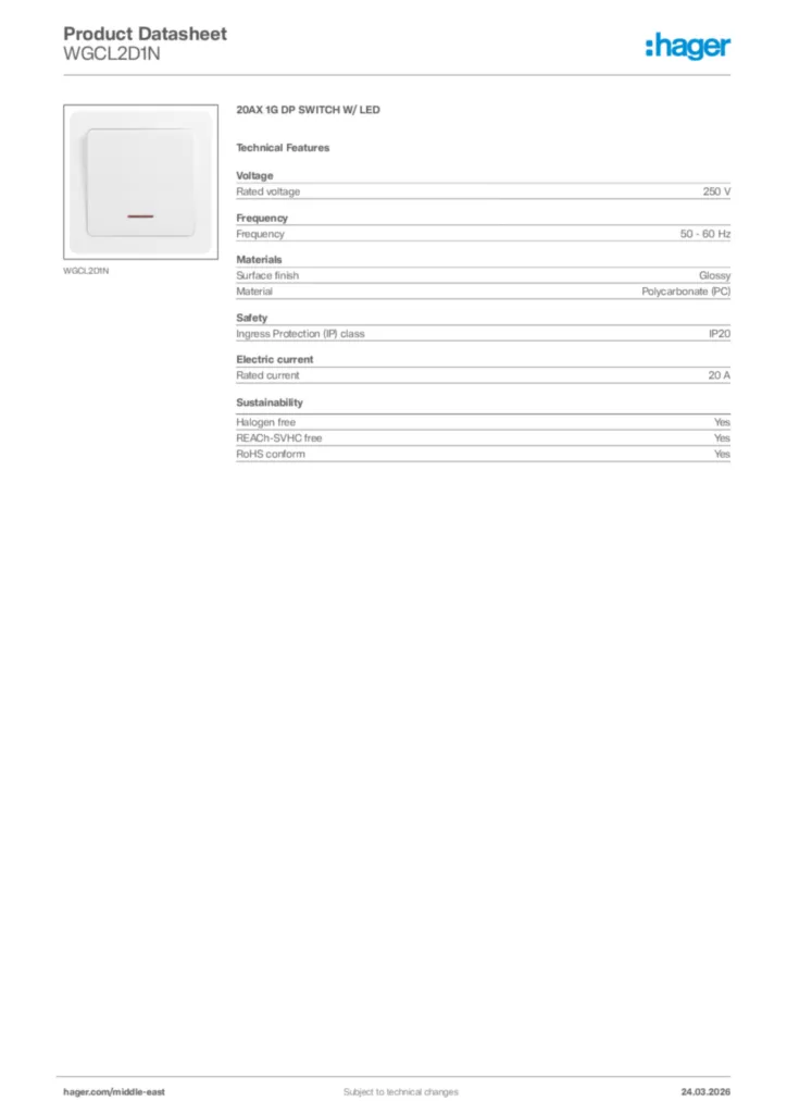Image Hager Product data sheet WGCL2D1N  | Hager