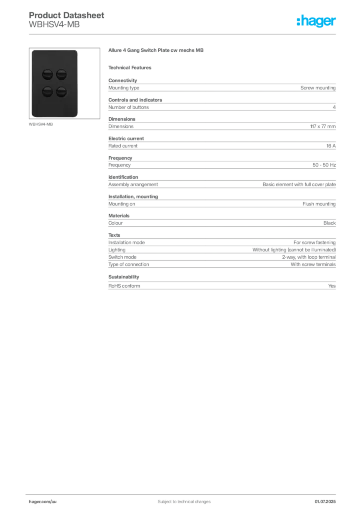 Image Hager Product data sheet WBHSV4-MB  | Hager Australia