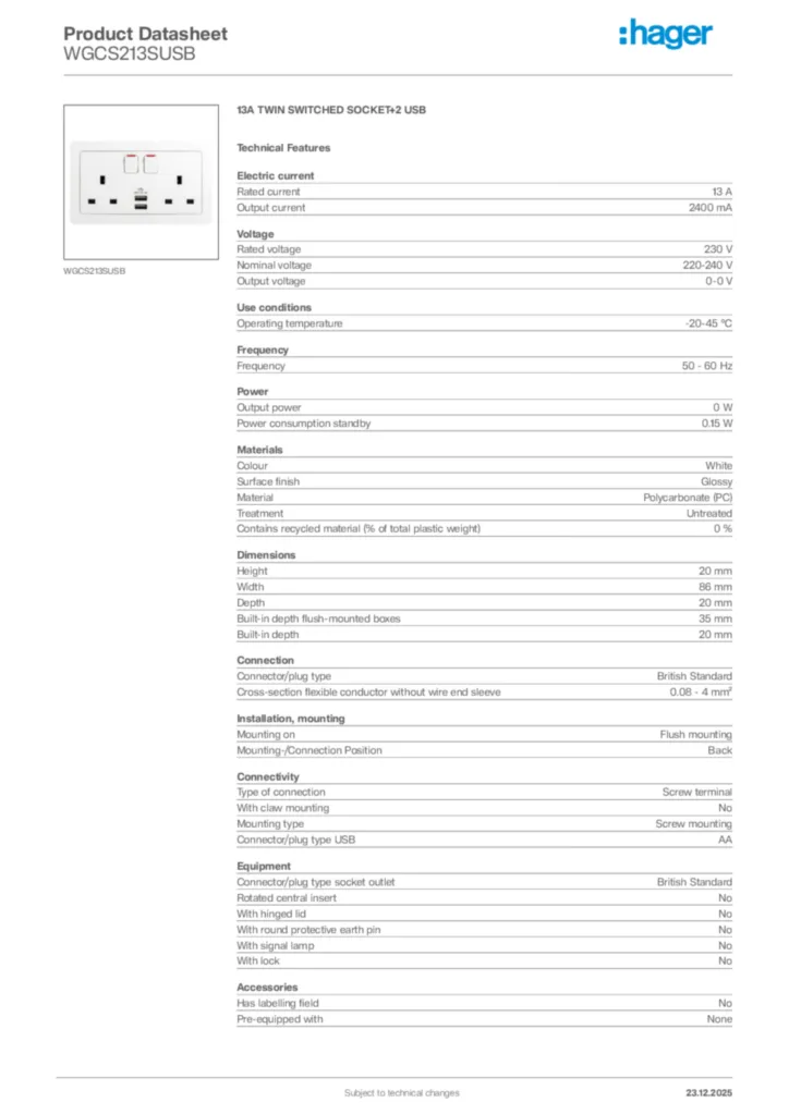 Image Hager Product data sheet WGCS213SUSB  | Hager Africa