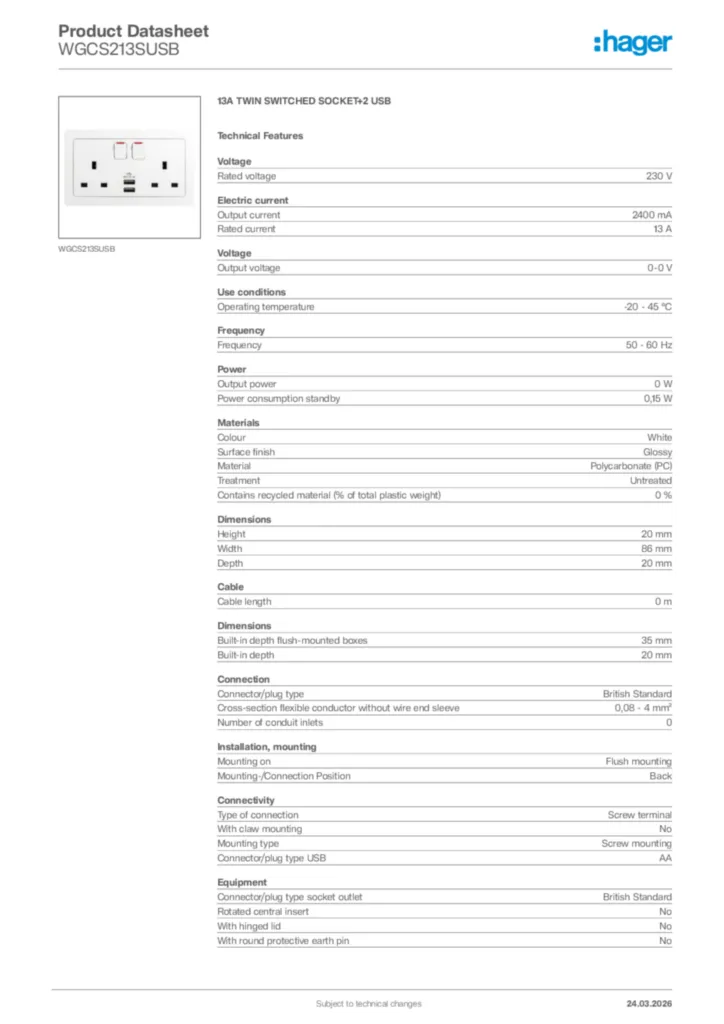 Image Hager Product data sheet WGCS213SUSB  | Hager