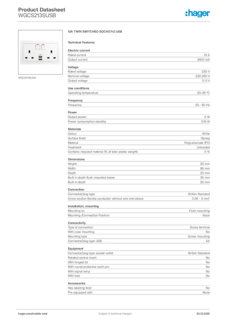 Image Hager Product data sheet WGCS213SUSB  | Hager