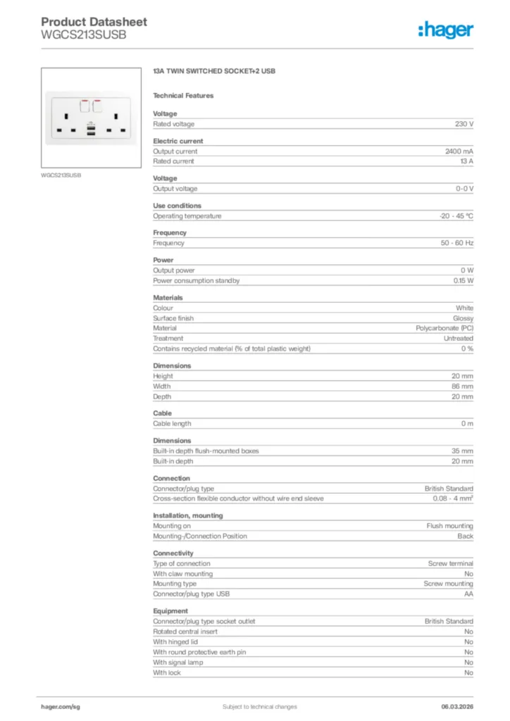 Image Hager Product data sheet WGCS213SUSB  | Hager