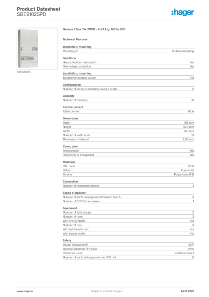 Image Hager Product data sheet SBE9102SPD  | Hager