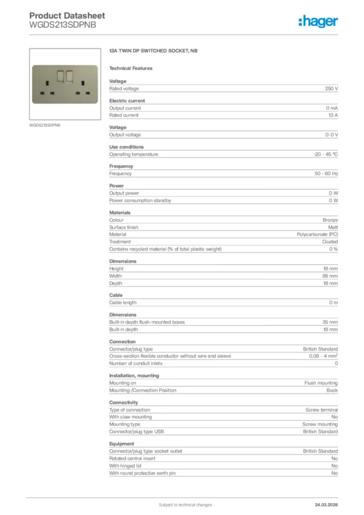 Image Hager Product data sheet WGDS213SDPNB  | Hager