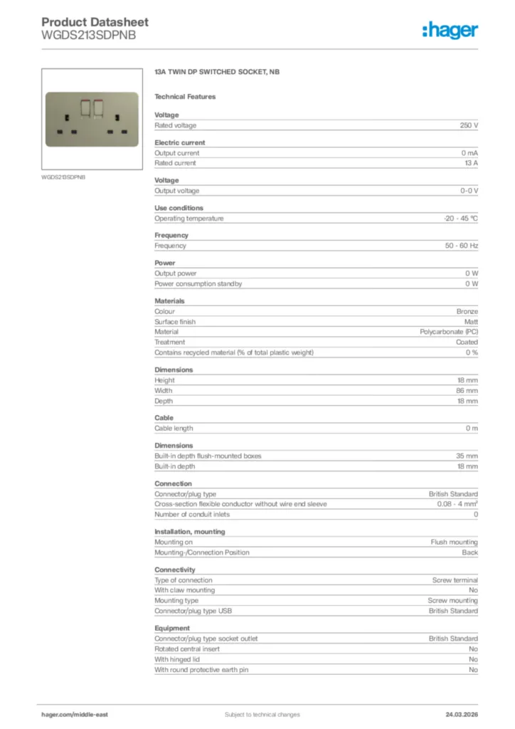 Image Hager Product data sheet WGDS213SDPNB  | Hager