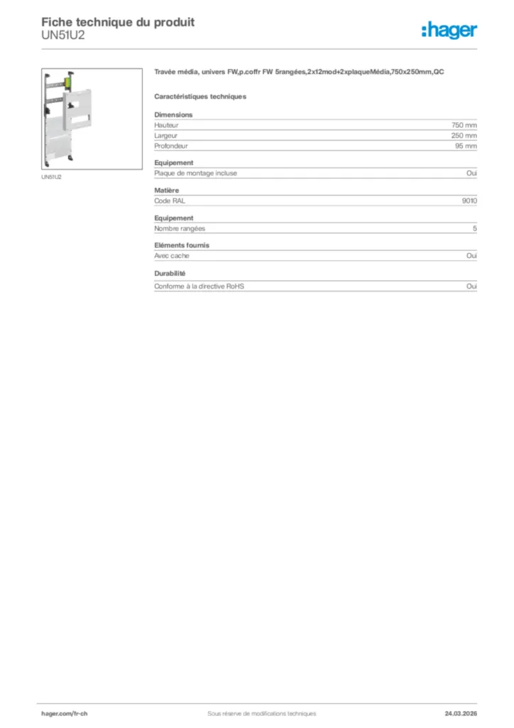 Image Hager Fiche technique du produit UN51U2 | Hager Suisse