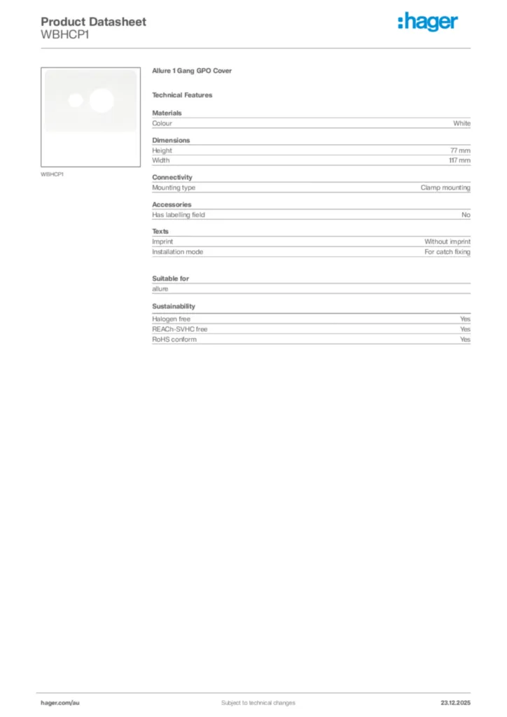Image Hager Product data sheet WBHCP1  | Hager Australia
