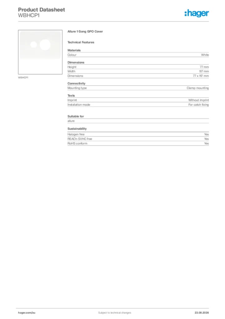 Image Hager Product data sheet WBHCP1  | Hager Australia