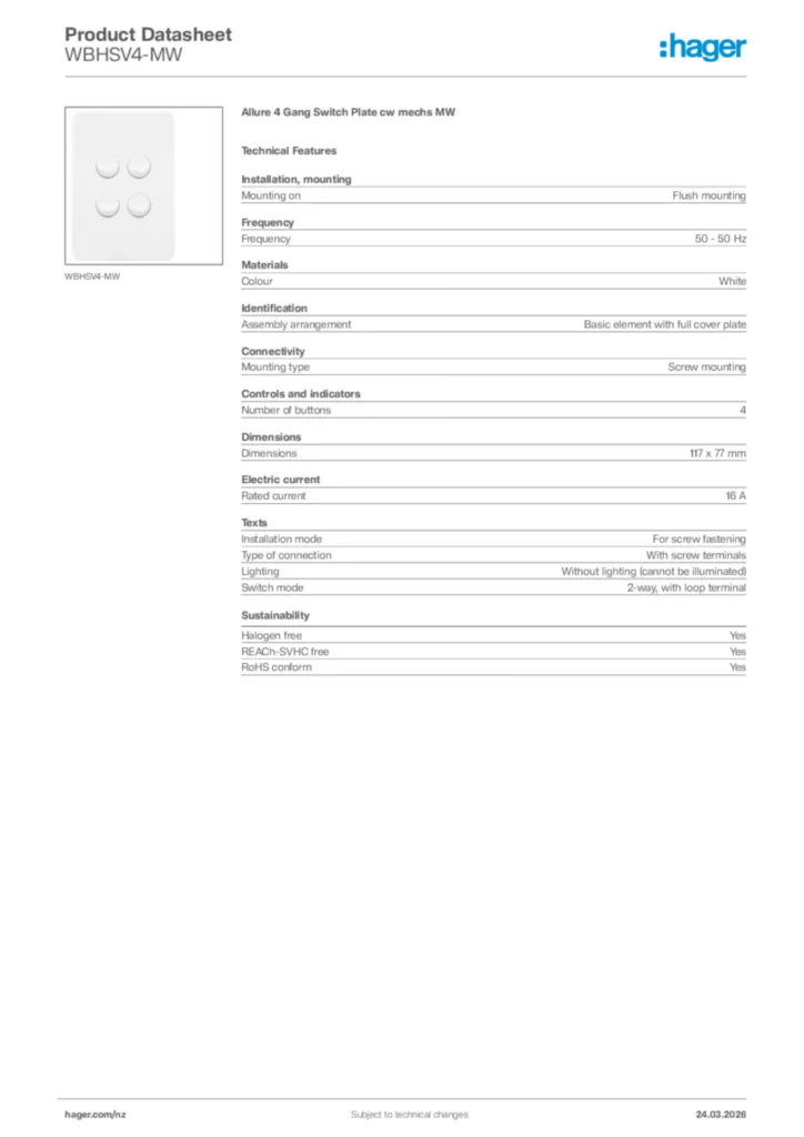 Image Hager Product data sheet WBHSV4-MW  | Hager New Zealand