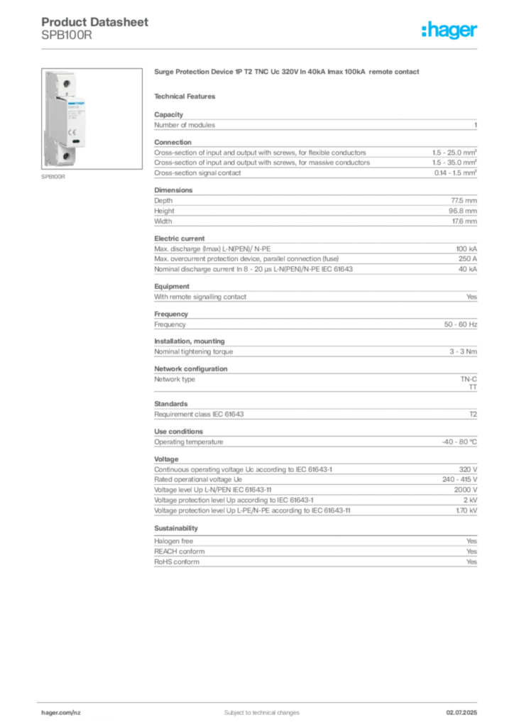 Image Hager Product data sheet SPB100R  | Hager New Zealand
