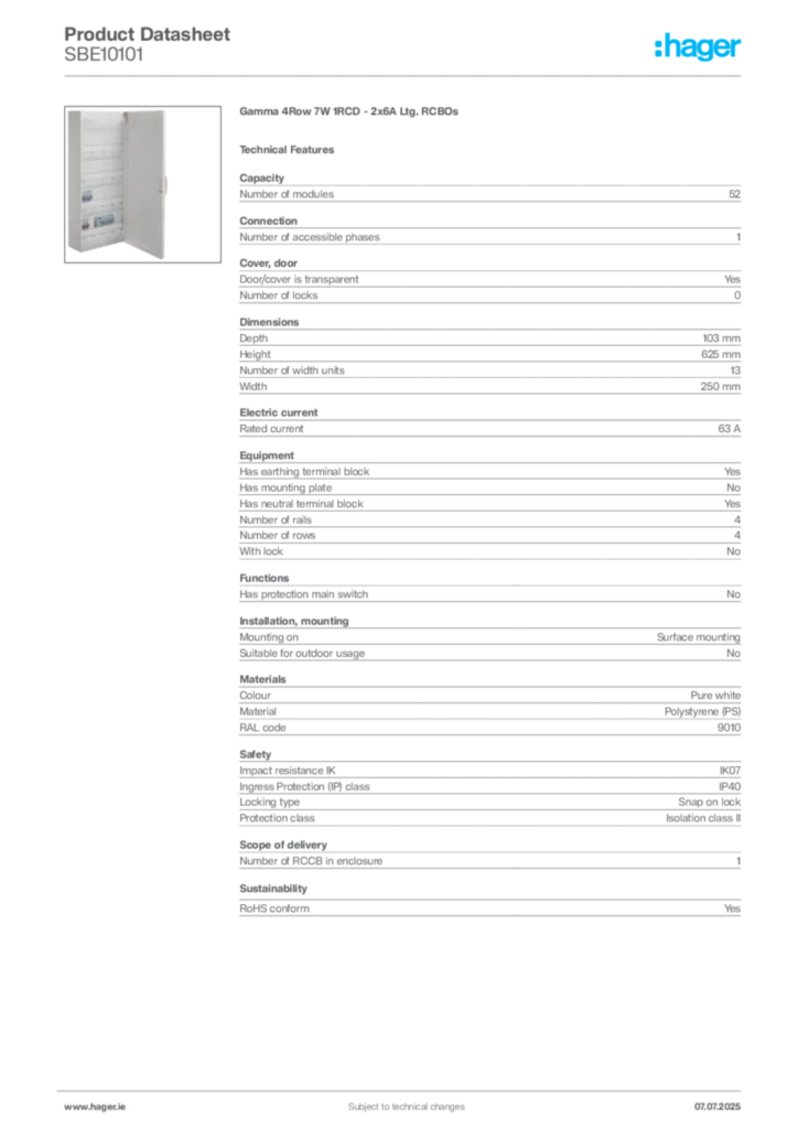 Image Hager Product data sheet SBE10101  | Hager