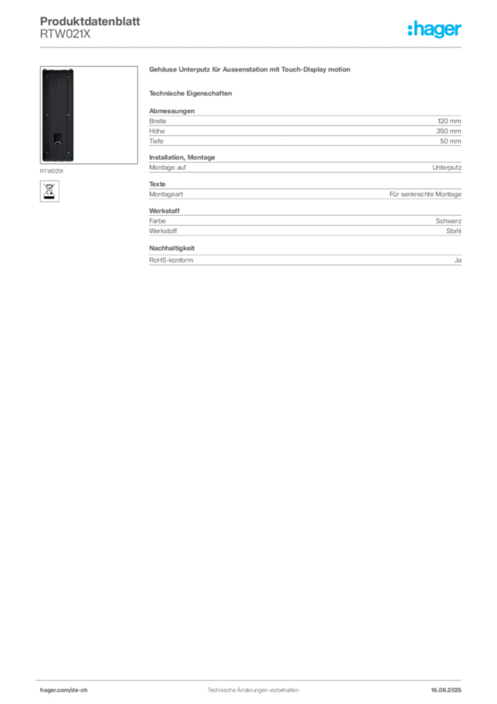 Bild Hager Produktdatenblatt RTW021X | Hager Schweiz