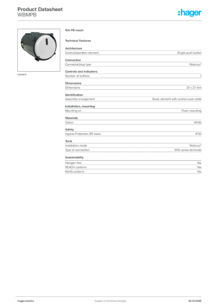Image Hager Product data sheet WBMPB  | Hager New Zealand