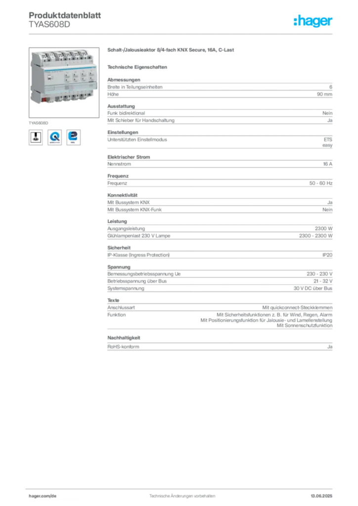 Hager Produktdatenblatt TYAS608D