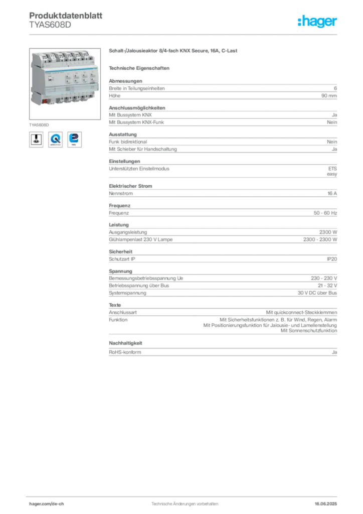 Bild Hager Produktdatenblatt TYAS608D | Hager Schweiz