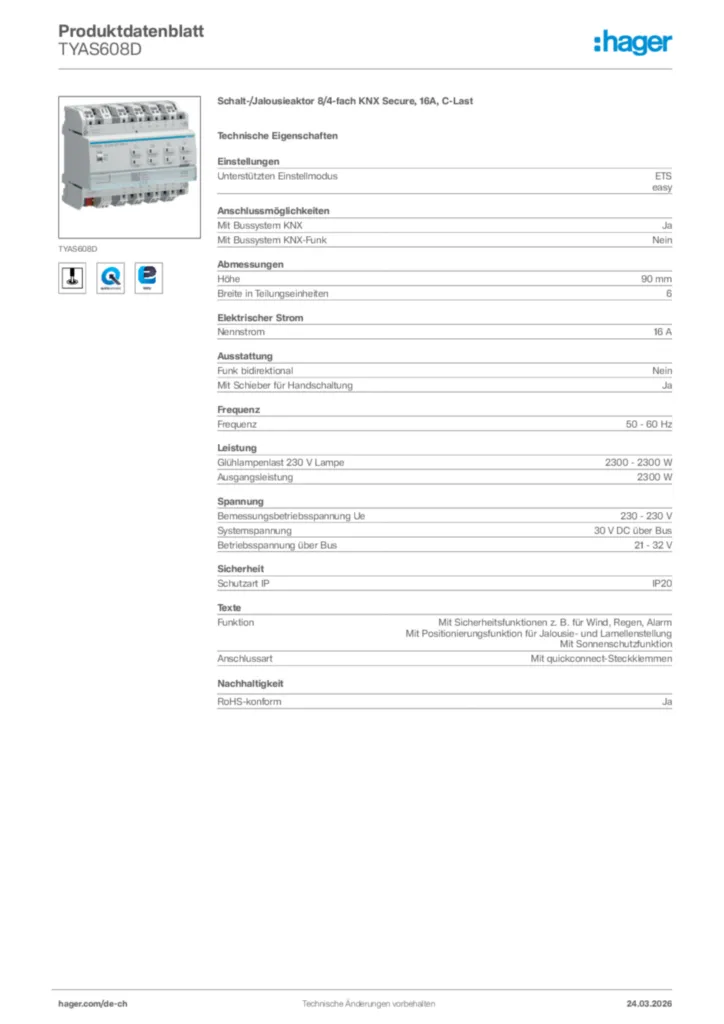 Bild Hager Produktdatenblatt TYAS608D | Hager Schweiz
