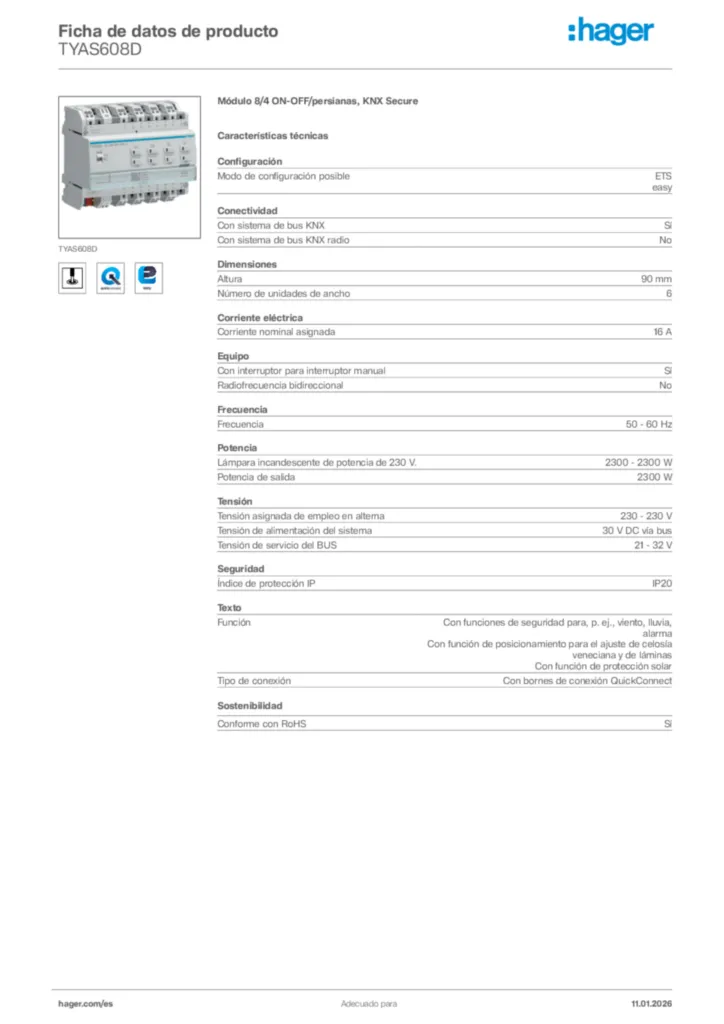 Imagen Hager Ficha de datos de producto TYAS608D | Hager España