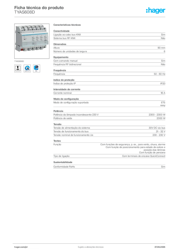 Imagem Hager Ficha técnica do produto TYAS608D | Hager Portugal