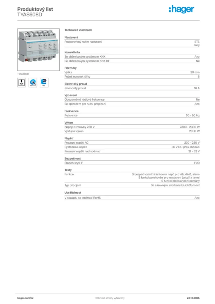 Obrázek Hager Product data sheet TYAS608D | Hager