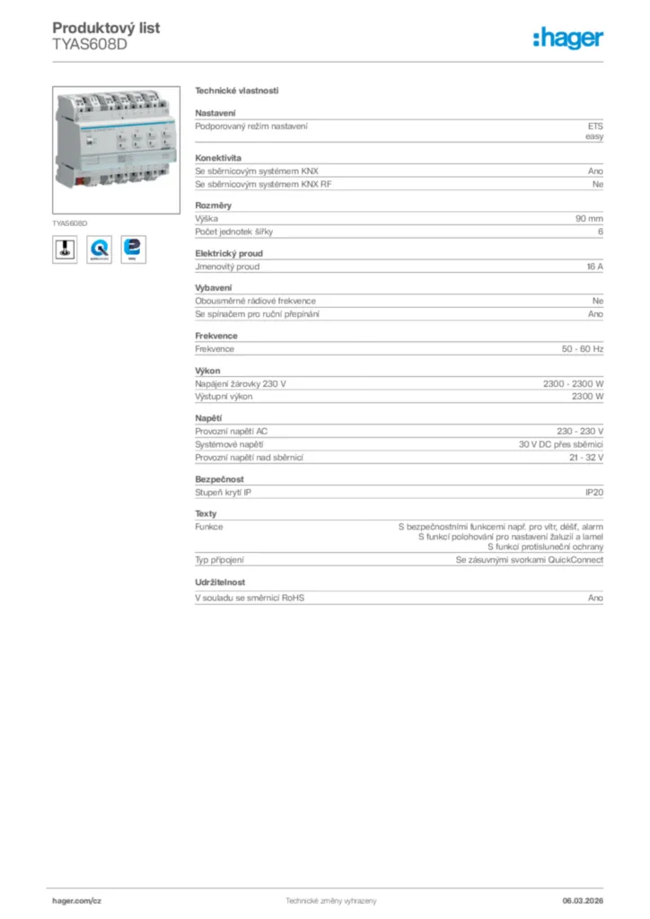 Obrázek Hager Product data sheet TYAS608D | Hager