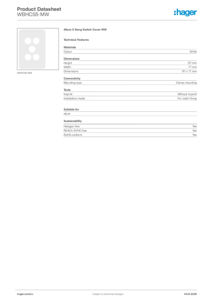 Image Hager Product data sheet WBHCS5-MW  | Hager New Zealand