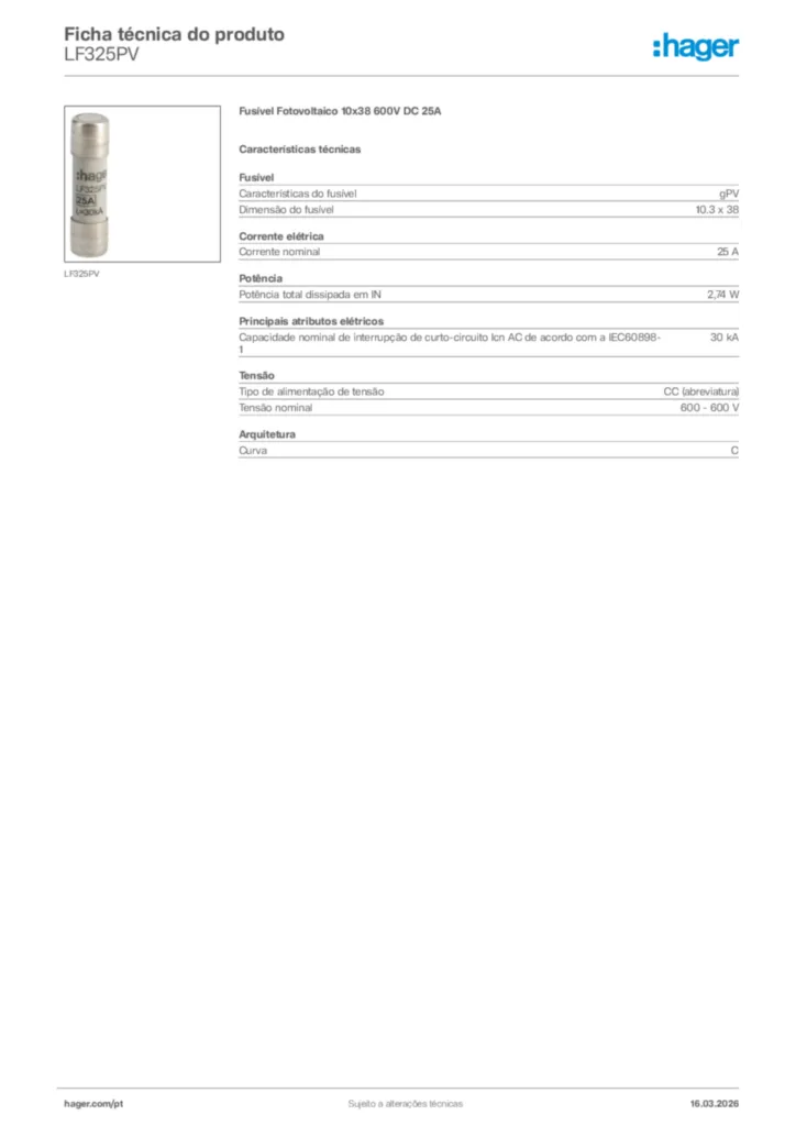 Imagem Hager Ficha técnica do produto LF325PV | Hager Portugal