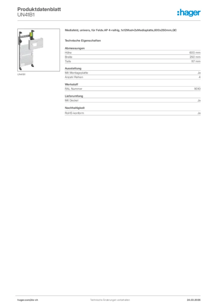 Bild Hager Produktdatenblatt UN41B1 | Hager Schweiz