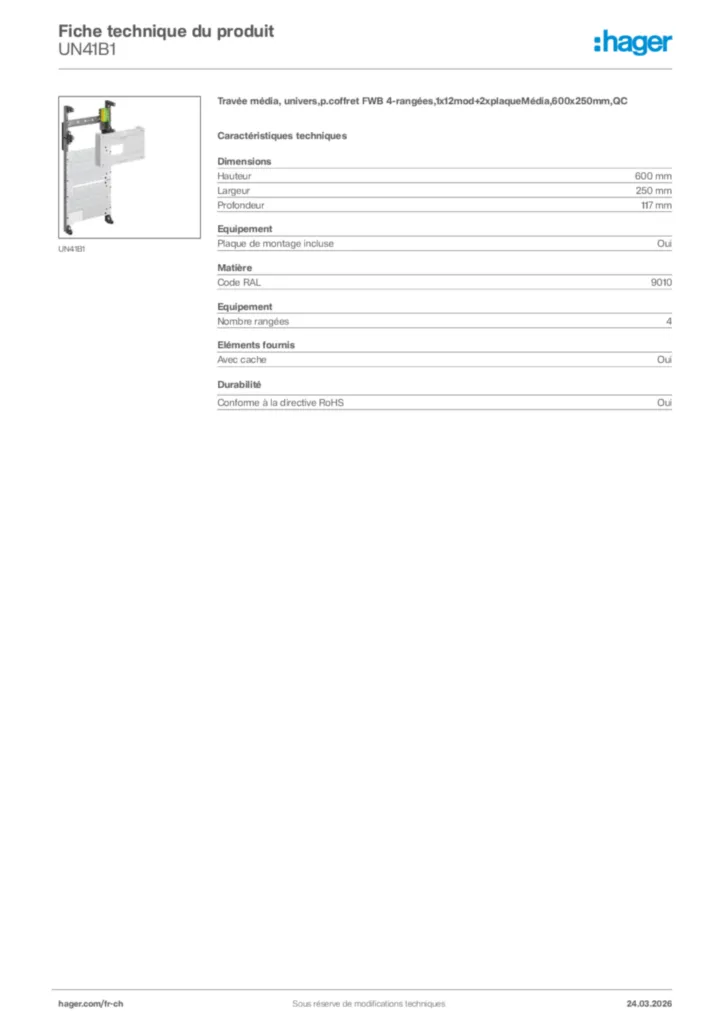 Image Hager Fiche technique du produit UN41B1 | Hager Suisse