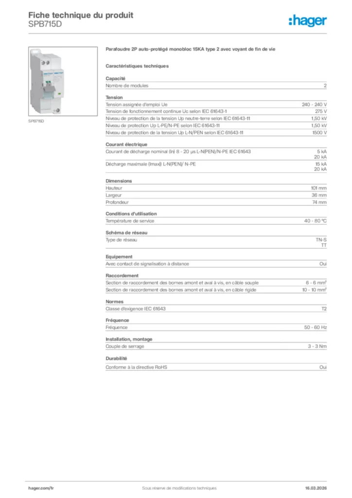 Image Hager Fiche technique du produit SPB715D | Hager France