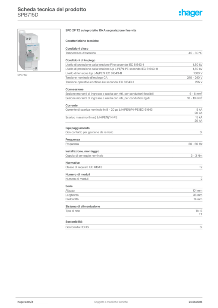 Immagine Hager Scheda tecnica del prodotto SPB715D | Hager Italia