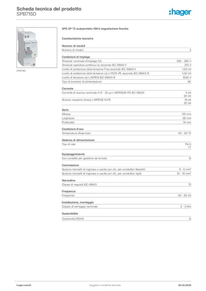 Immagine Hager Scheda tecnica del prodotto SPB715D | Hager Italia
