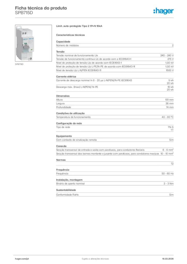 Imagem Hager Ficha técnica do produto SPB715D | Hager Portugal