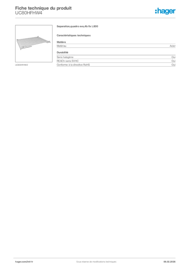 Image Hager Fiche technique du produit UC80HFHW4 | Hager Afrique