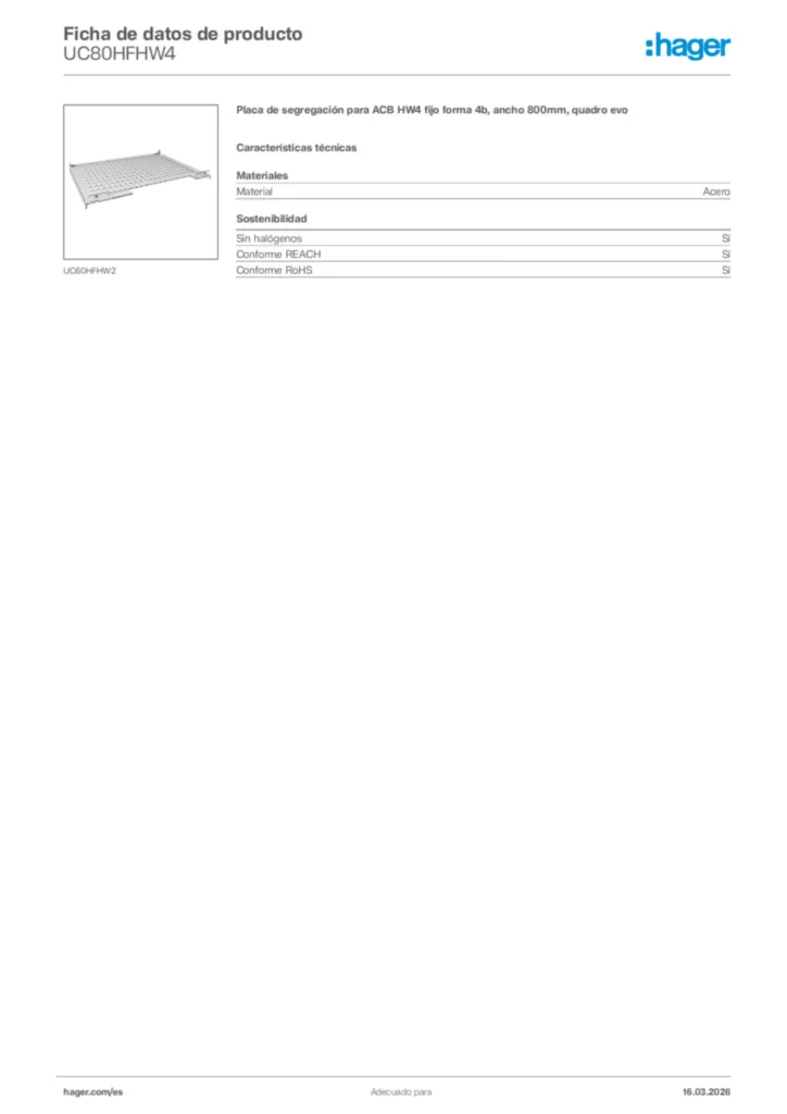 Imagen Hager Ficha de datos de producto UC80HFHW4 | Hager España