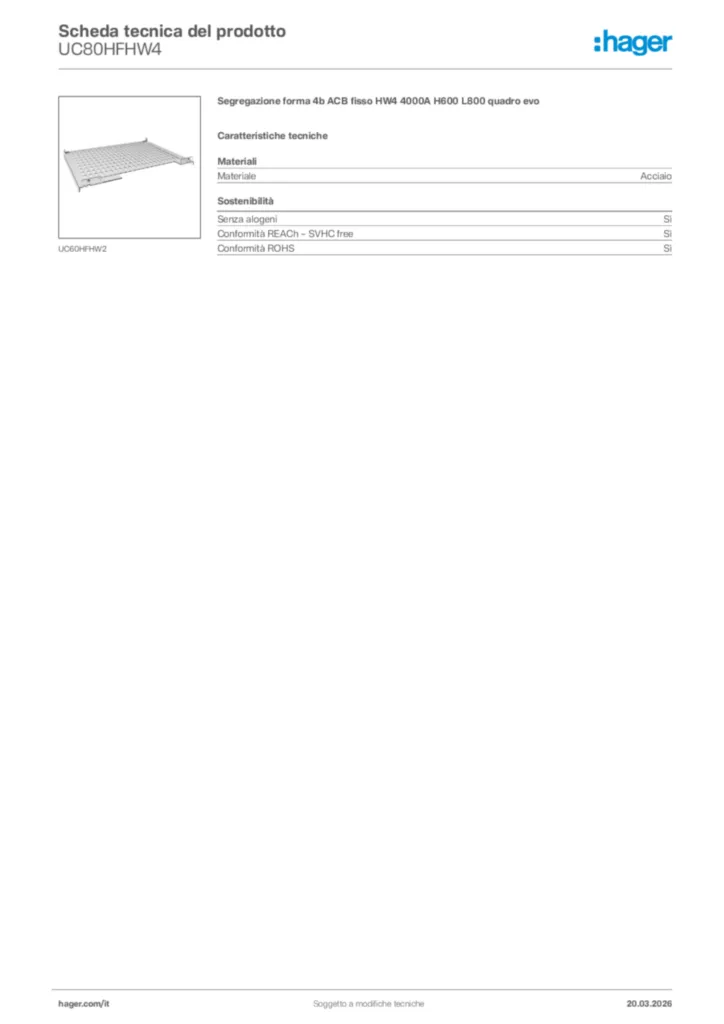 Immagine Hager Scheda tecnica del prodotto UC80HFHW4 | Hager Italia
