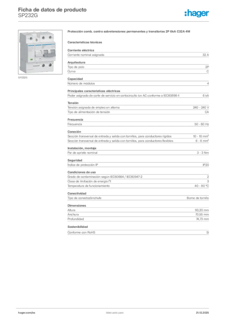 Imagen Hager Ficha de datos de producto SP232G | Hager España