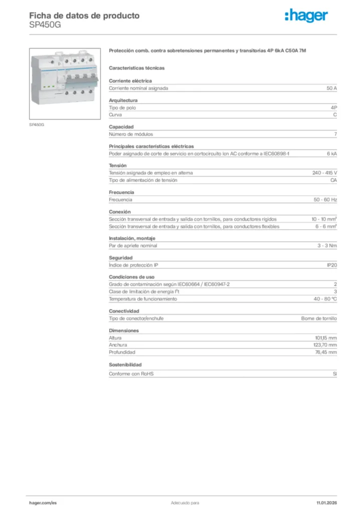 Imagen Hager Ficha de datos de producto SP450G | Hager España