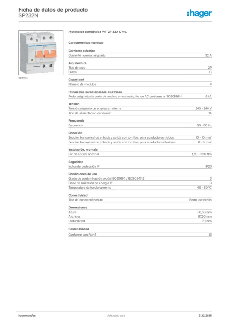 Imagen Hager Ficha de datos de producto SP232N | Hager España