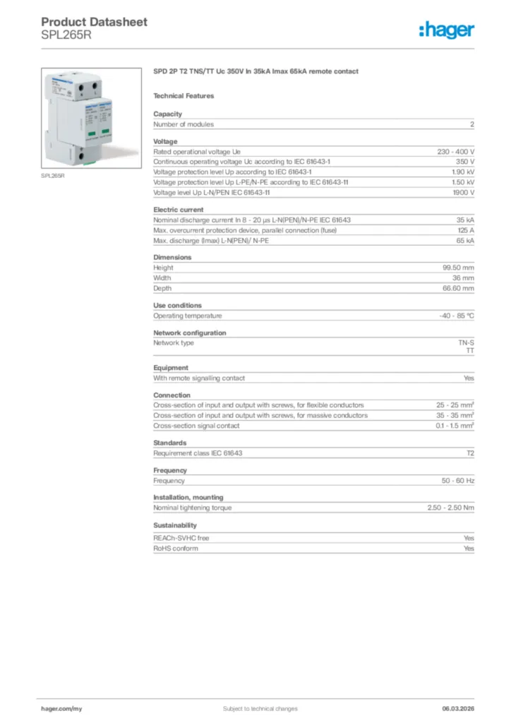 Image Hager Product data sheet SPL265R  | Hager