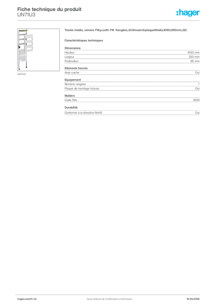 Image Hager Fiche technique du produit UN71U3 | Hager Suisse