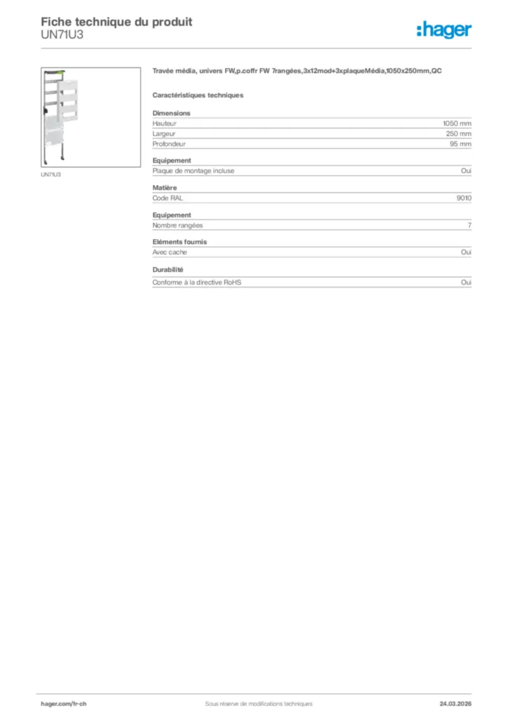 Image Hager Fiche technique du produit UN71U3 | Hager Suisse