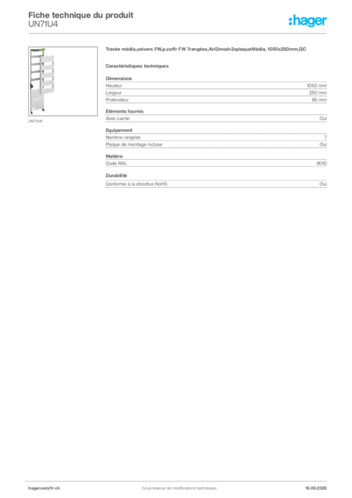 Image Hager Fiche technique du produit UN71U4 | Hager Suisse