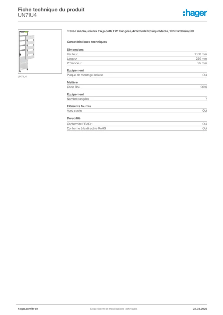 Image Hager Fiche technique du produit UN71U4 | Hager Suisse