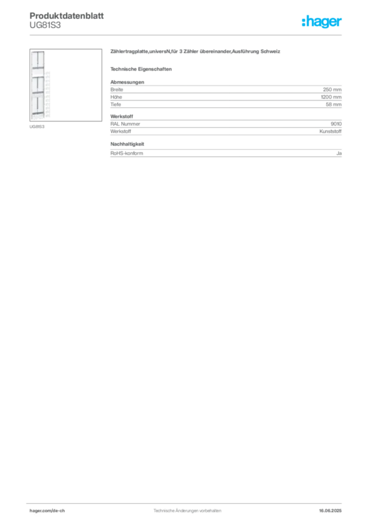 Bild Hager Produktdatenblatt UG81S3 | Hager Schweiz