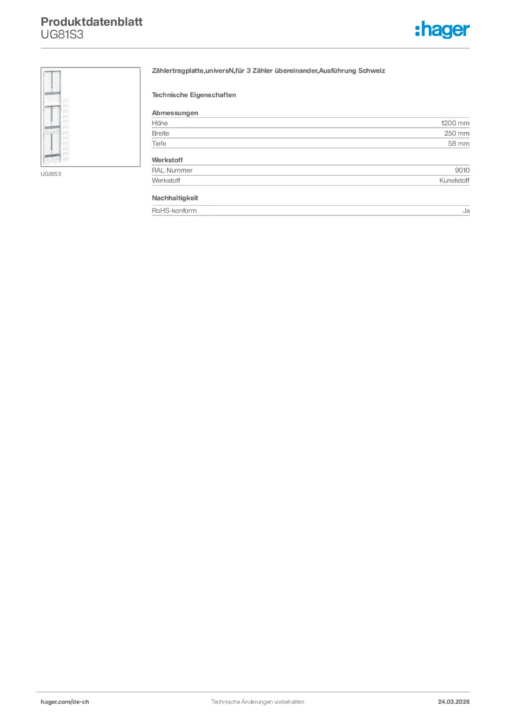 Bild Hager Produktdatenblatt UG81S3 | Hager Schweiz