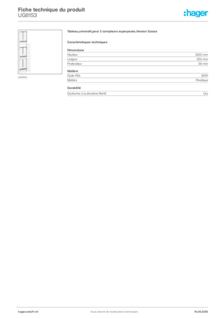 Image Hager Fiche technique du produit UG81S3 | Hager Suisse