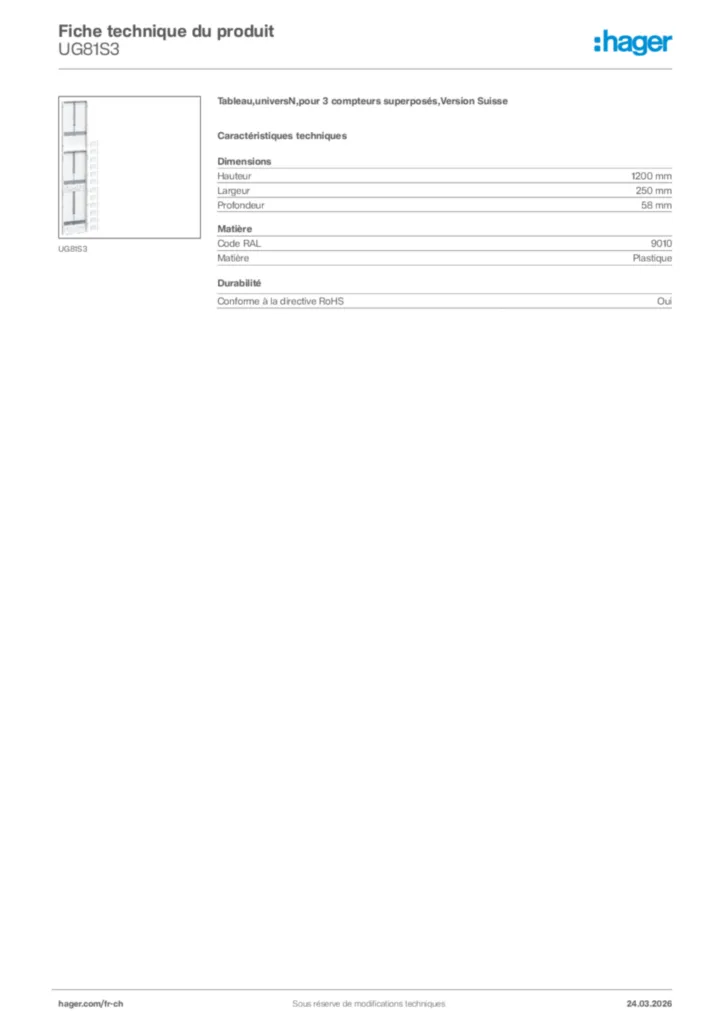 Image Hager Fiche technique du produit UG81S3 | Hager Suisse