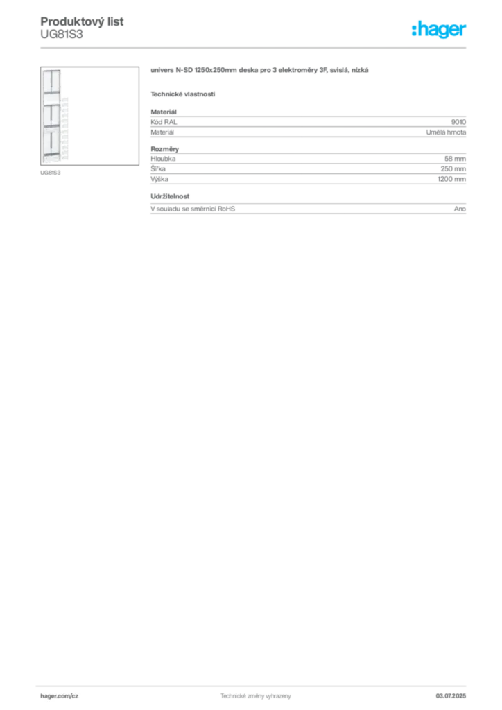 Obrázek Hager Product data sheet UG81S3 | Hager