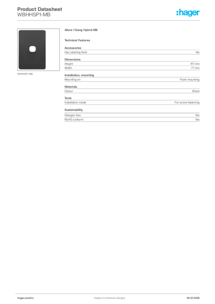 Image Hager Product data sheet WBHHSP1-MB  | Hager New Zealand